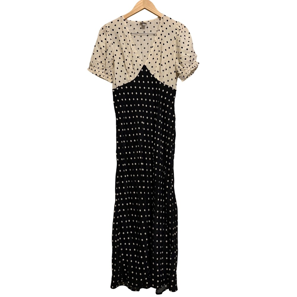 A New Day Women Black Cream Polka Dot Maxi Dress Short Puff Sleeve V-Neck Size S
